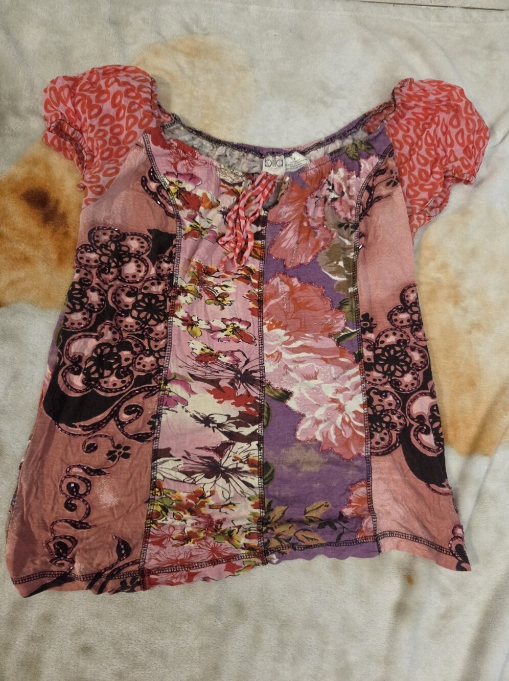 Bila Pink and Purple Floral Patchwork Top